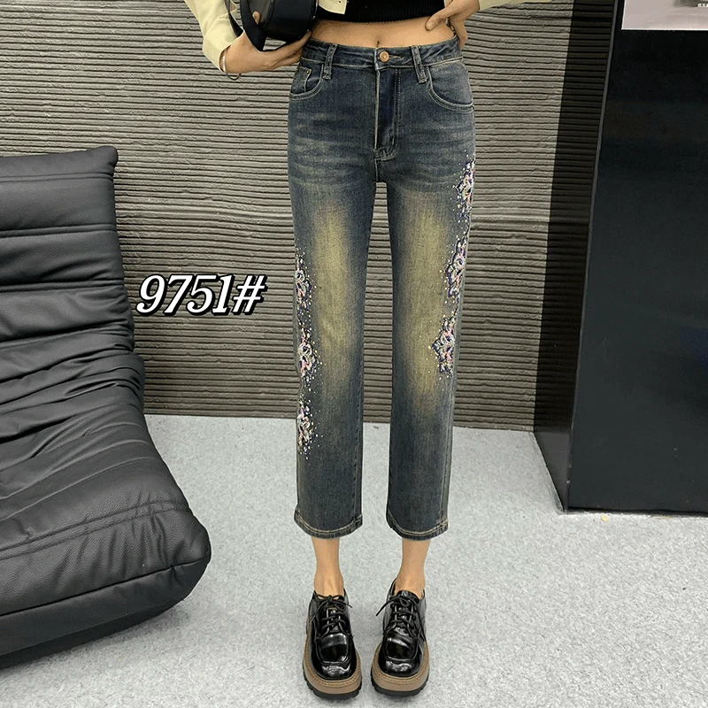 复古直筒牛仔裤女春秋新款大码梨形身材小个子显瘦弹力八分烟管裤