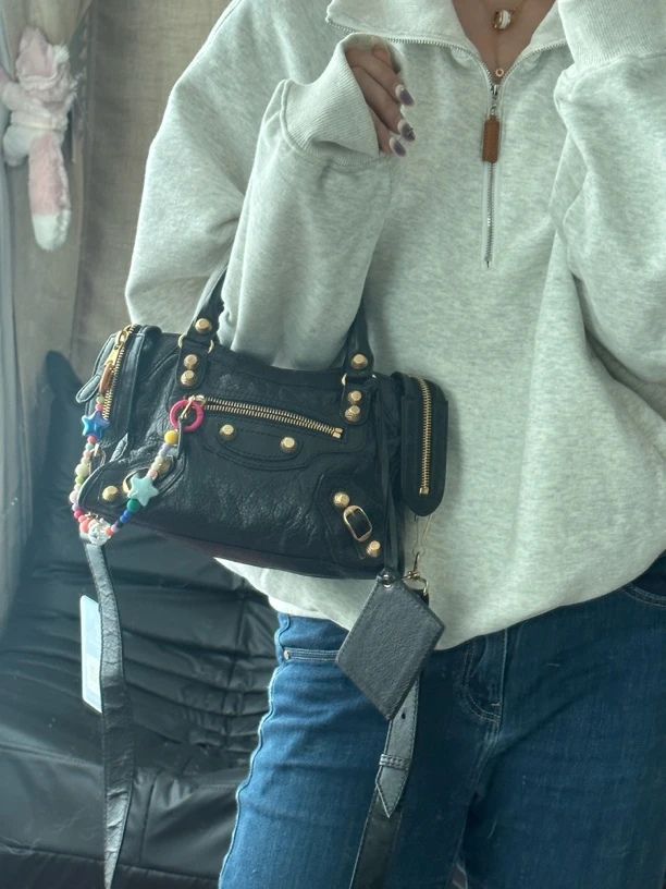 95新 Balenciaga/巴黎世家 牙牙 黑金油蜡皮迷你机车包