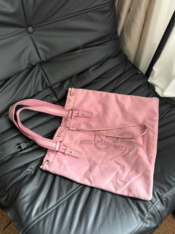 95新 YSL/圣罗兰 牙牙 粉色丝绒帆布托特包