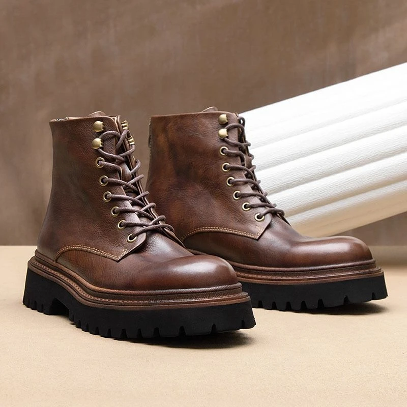 2024男士新款系带马丁靴平底中短筒头层牛皮百搭英伦风靴子厚底