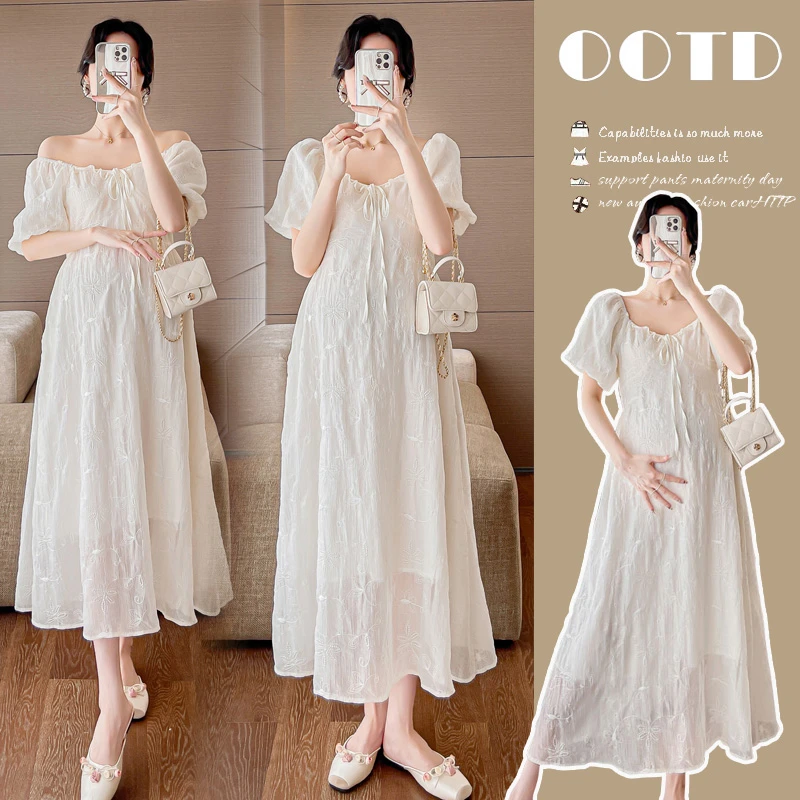 法式温柔风孕妇夏装连衣裙时尚气质仙女甜美过膝长裙宽松大码裙子