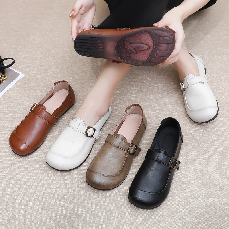 春秋真皮中年妈妈鞋复古舒适中老年女鞋软面软底深口圆头防滑单鞋