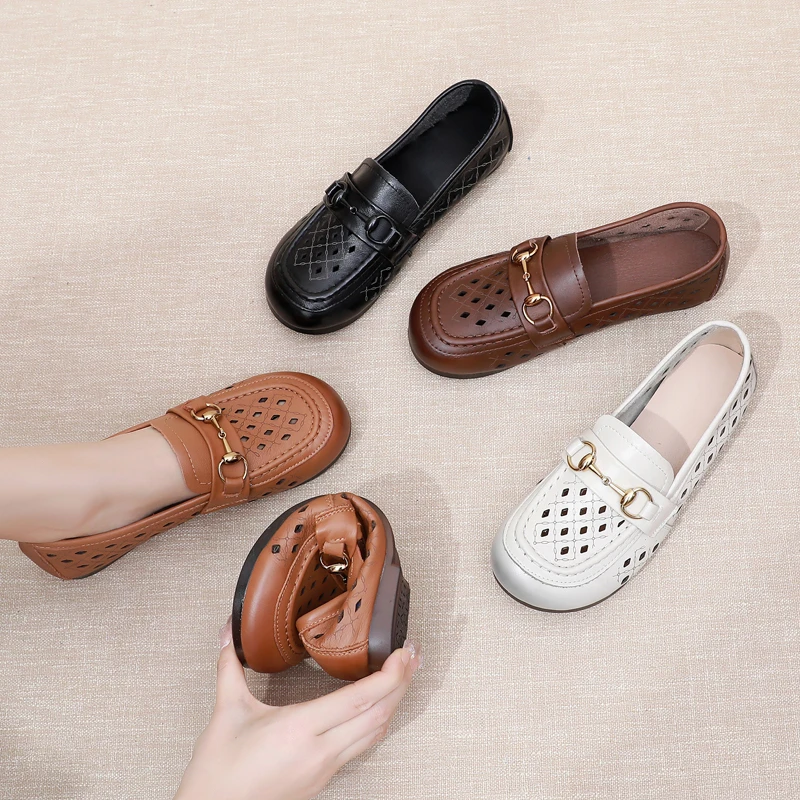 真皮平底妈妈鞋夏季新款舒适女鞋洞洞鞋软面软底镂空单鞋中老年鞋