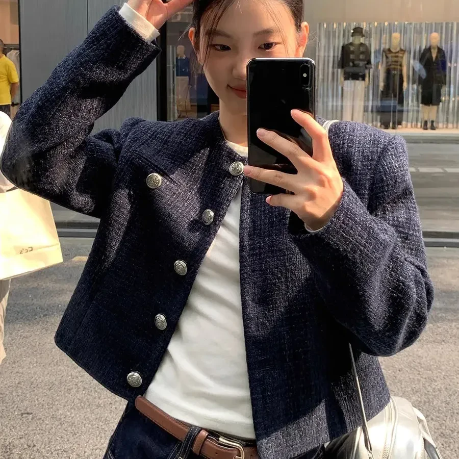 藏蓝色法式松弛感小香风外套2025秋季设计感单排扣气质短款上衣