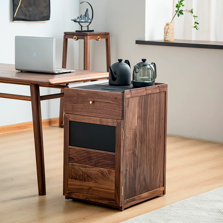 北美黑胡桃木茶水柜实木可移动家用水吧台茶台烧水茶桌边柜客厅