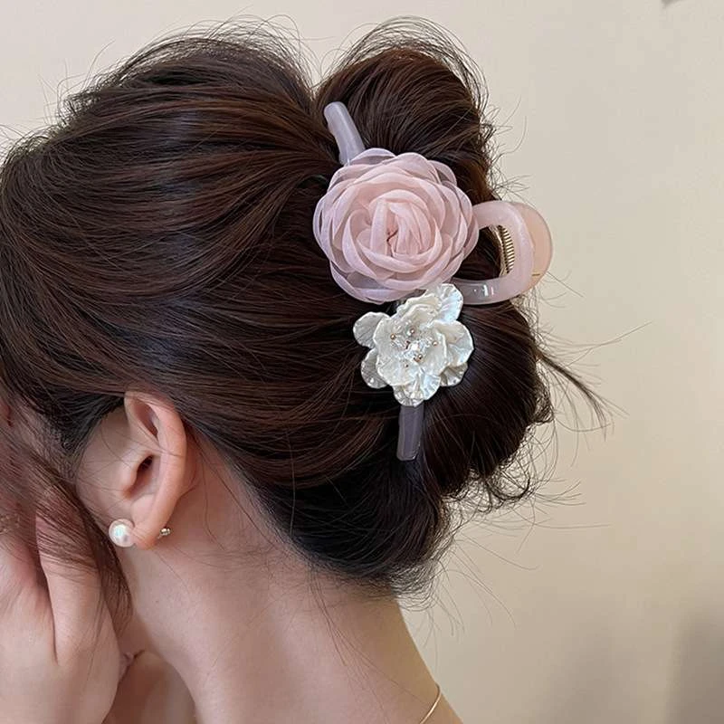 双倍快乐！仙气网纱花朵抓夹女网红气质高级感鲨鱼夹后脑勺头发夹