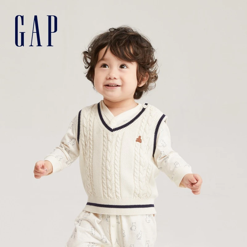 Gap婴儿男女幼童秋季新款纯棉学院风绞花针织背心儿童马甲719560