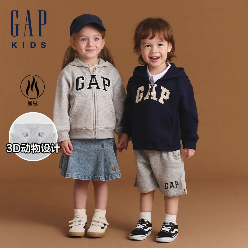 Gap男女幼童2024秋冬新款仿羊羔绒3D耳朵连帽卫衣加厚外套606604