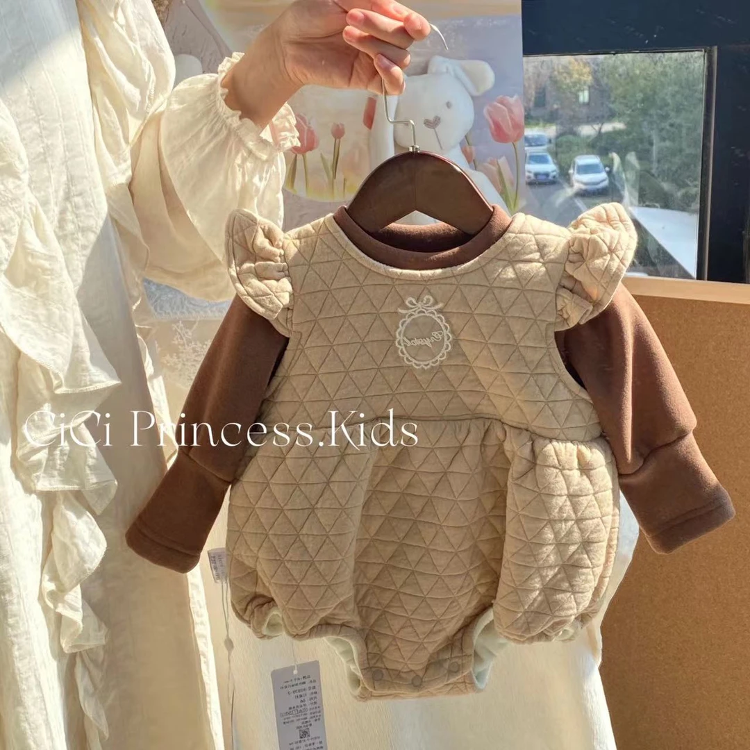 【卡其色包屁衣】 H2915婴儿冬季加绒卡其色哈衣女宝宝洋气包屁衣