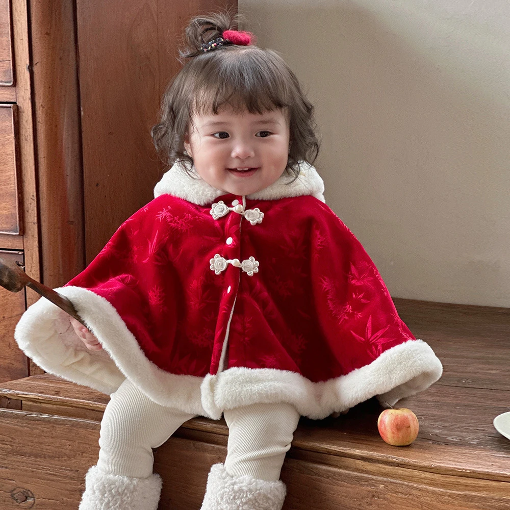 【婴儿红色斗篷】中国风加绒披风保暖0-2岁女宝宝防风外套