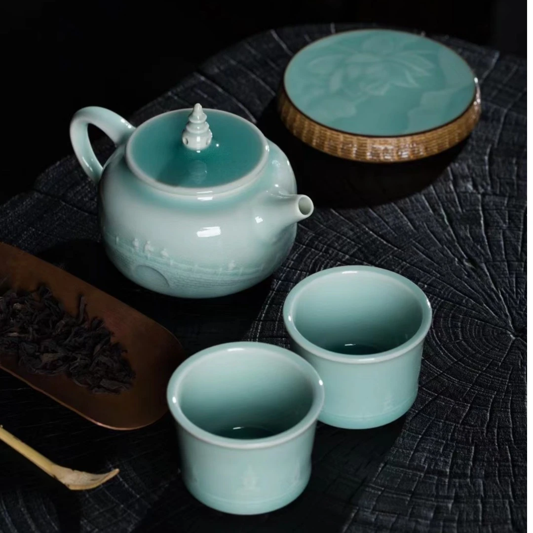 龙泉弟窑粉青天青双釉结合草木灰跳刀荷花西湖设计茶具套组