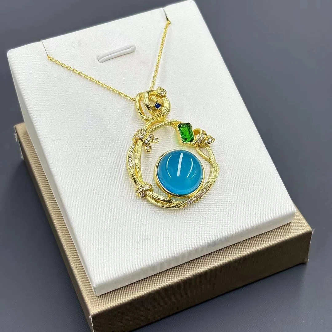 【符老板】y1440-国风设计款蓝冰玛瑙蛋面吊坠-赠礼盒-赠链