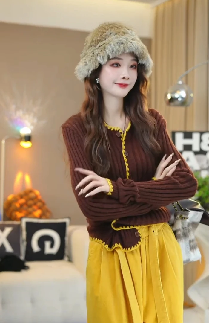 不规则单排扣毛针织衫开衫上衣2025秋冬季新款时尚设计感撞色拼接