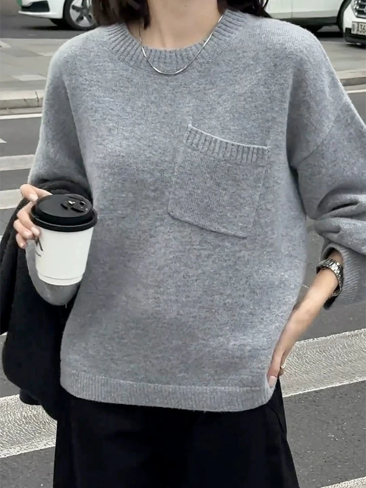 针织衫女秋冬2025新款毛衣休闲宽松百搭上衣纯色斜口袋圆领