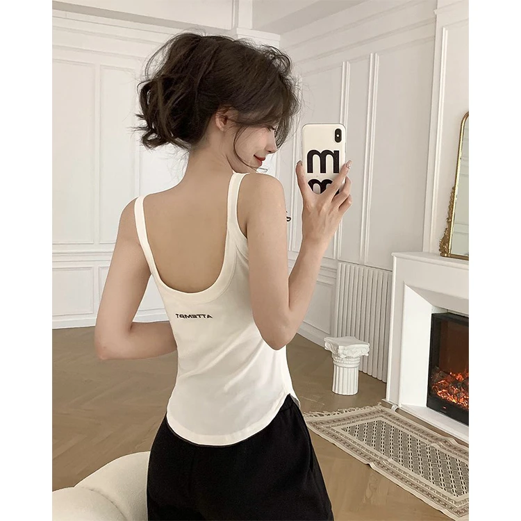 休闲风洋气百搭新款无袖上衣时尚法式U型领小众一体杯吊带背心