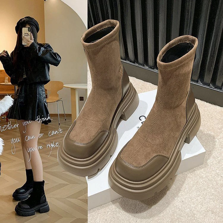 显脚小马丁靴女2023新款秋冬季厚底短靴子女增高弹力靴套筒瘦瘦靴