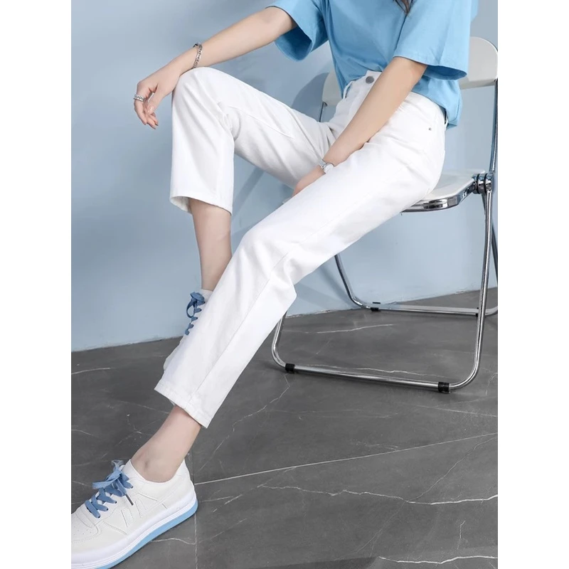 白色直筒牛仔裤女款2025秋冬新款高腰宽松显瘦百搭九分烟管裤子