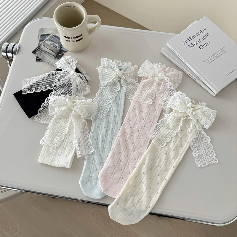 可爱花边学生中筒袜白色纯欲风绑带蝴蝶结袜子透气网眼薄款堆堆袜
