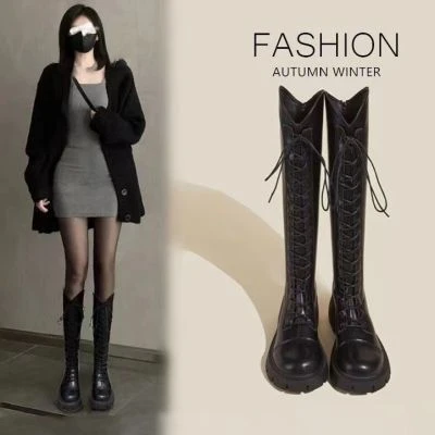 小个子长筒马丁靴女时尚洋气绑带高筒骑士靴2023秋冬新款百搭网红