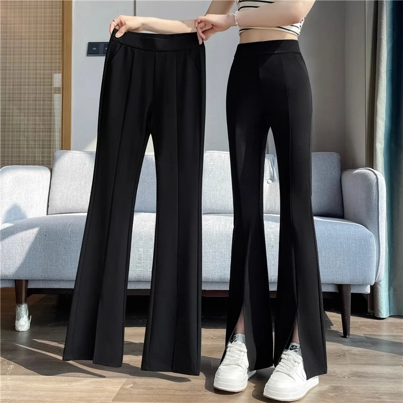 冰丝喇叭裤女夏季薄款高腰显瘦2025新款开叉小个子九分西装微喇裤