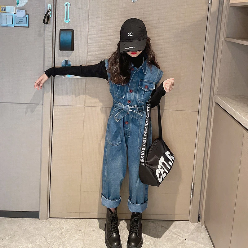 女童牛仔连体裤套装春秋2025新款洋气儿童秋装裤子中大童女孩衣服