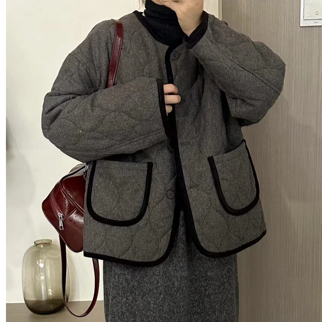 2988雾灰调 高级感撞色菱形棉衣外套