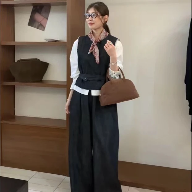 99370定制小众款 牛仔收腰马甲衬衣拖地裤三件套