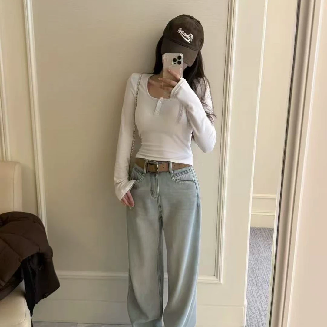 63520松弛感 韩系加厚绒高腰牛仔拖地裤