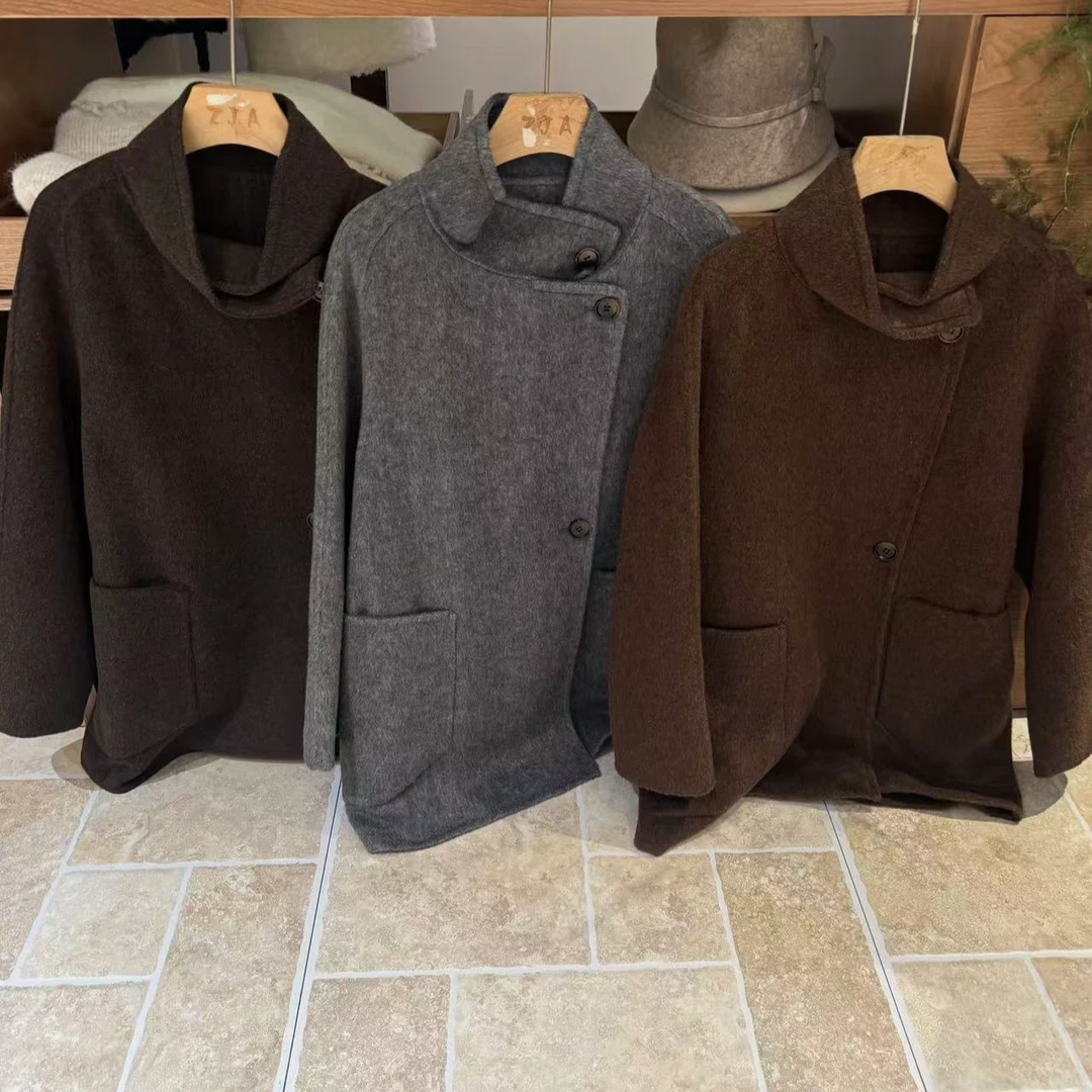 气质感！泡菜订单货立领中长款双面羊毛大衣