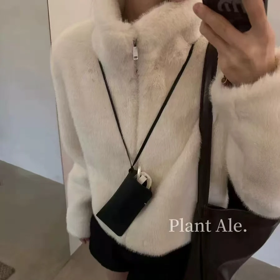 629温暖小白熊 韩单立领短款仿水貂毛外套