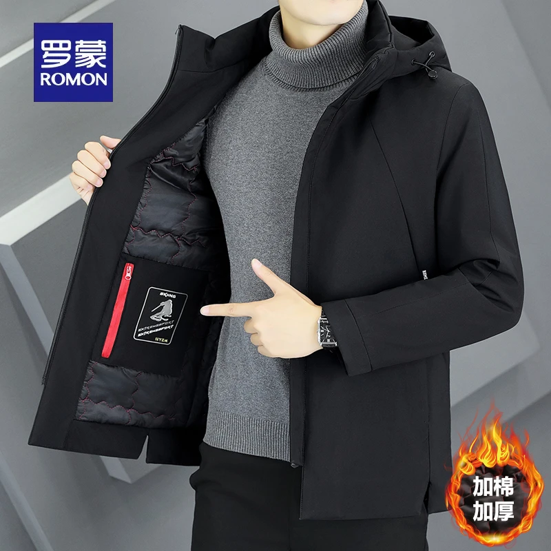 罗蒙男士棉衣帽子可脱卸休闲百搭男上衣外套2024新款9929