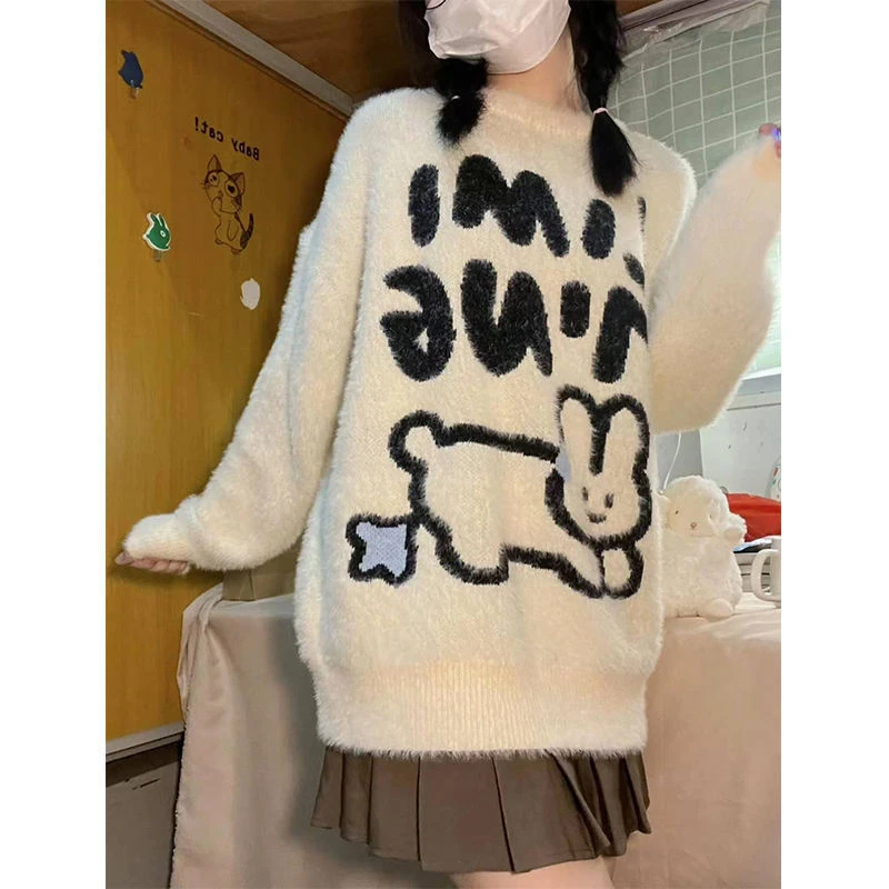 甜美兔套头毛衣加厚毛衣女学生2023圆领爆款宽松洋气打底毛衣短款