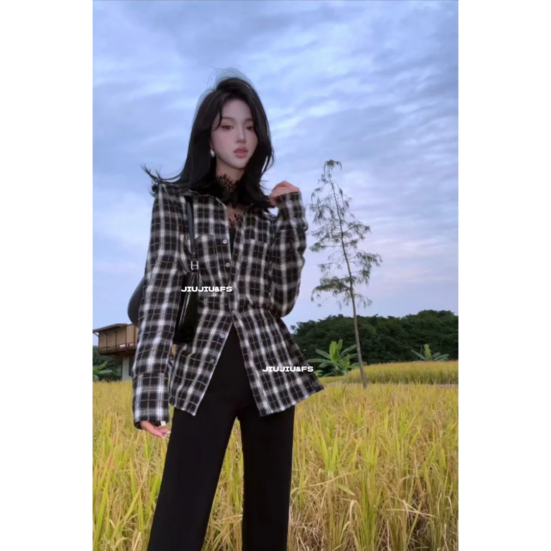 JIUJIU&FS”fringed美式格调“复古棉感率性格纹毛边衬衫秋冬上衣