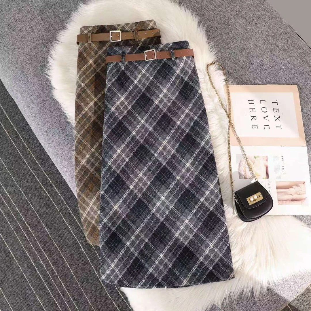 百搭格子日系半身裙女2025秋季高腰显瘦毛呢长裙红人上新裙子秋冬