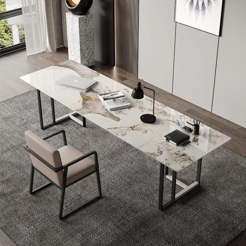 意式轻奢高端雪山白大理石岩板会议桌现代简约艺术会客洽谈电脑桌