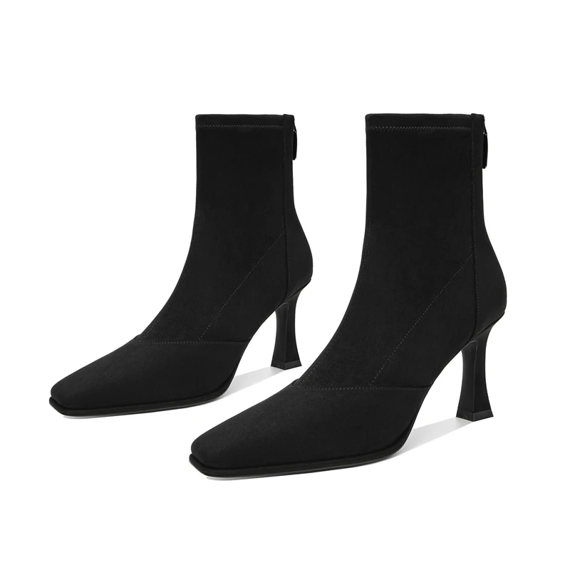 【跟高7cm】2024冬季新款女靴子方头高跟细跟弹力靴短靴女百搭袜靴