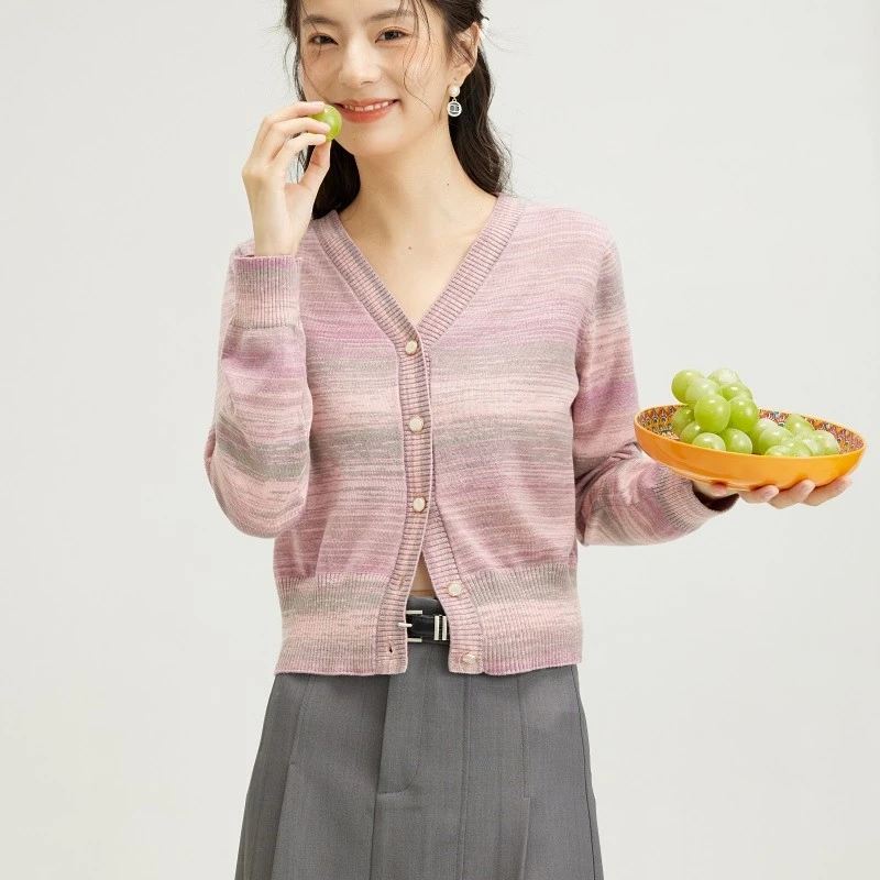 D.SIGN2023秋季新款彩虹条纹针织衫毛衣开衫短款上衣小个子女