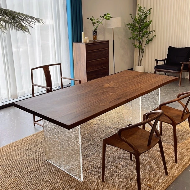 北美黑胡桃大板桌书桌餐桌茶桌简约办公桌亚克力腿创意家用极简