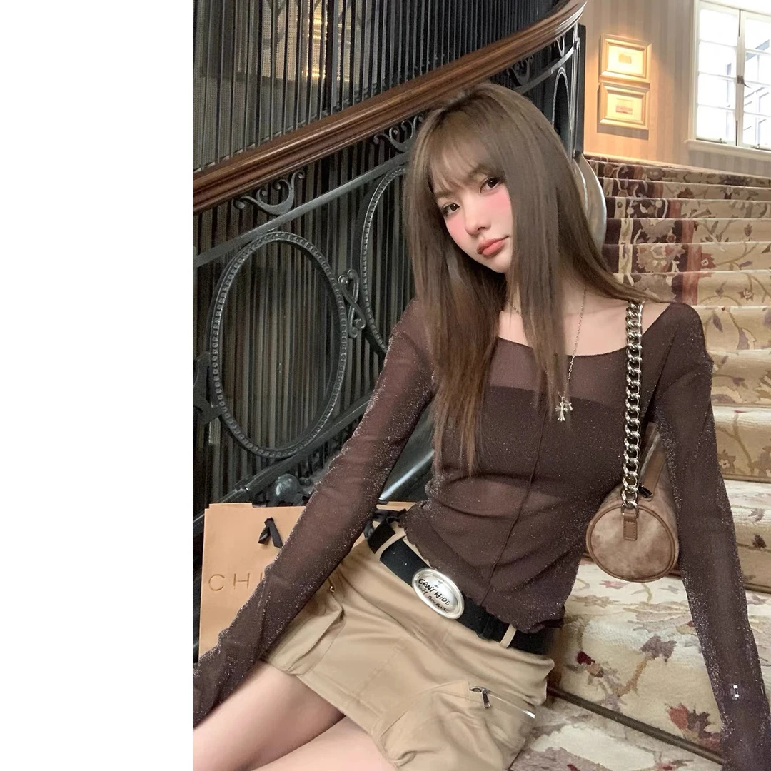 【77定制】♥色彩荒漠♥细闪网纱针织打底衫女木耳边微透咖色上衣