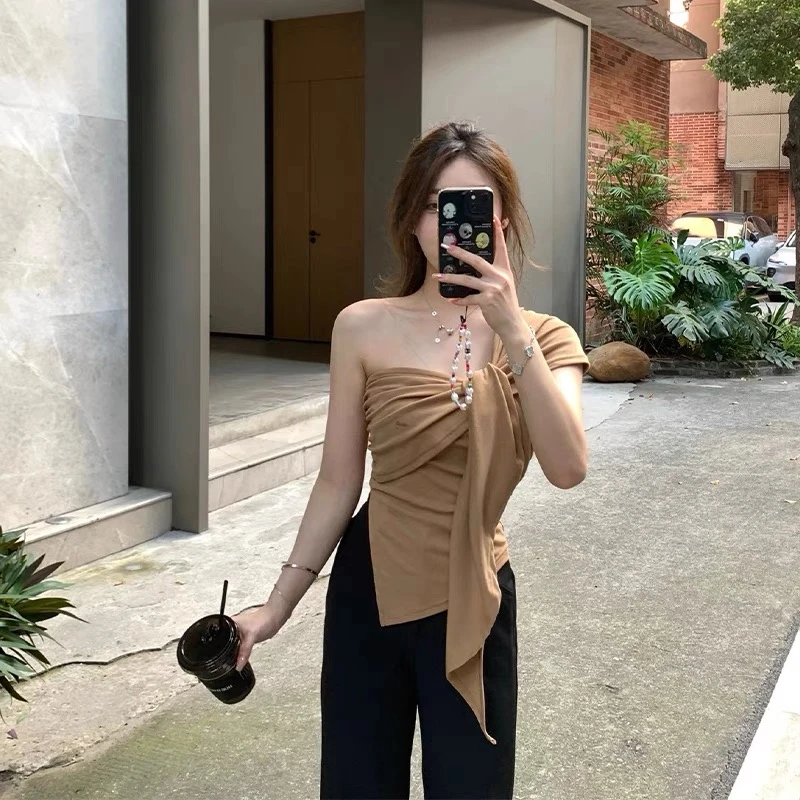 【浠儿定制】不规则露肩吊带背心女新款修身褶皱辣妹小众上衣时尚