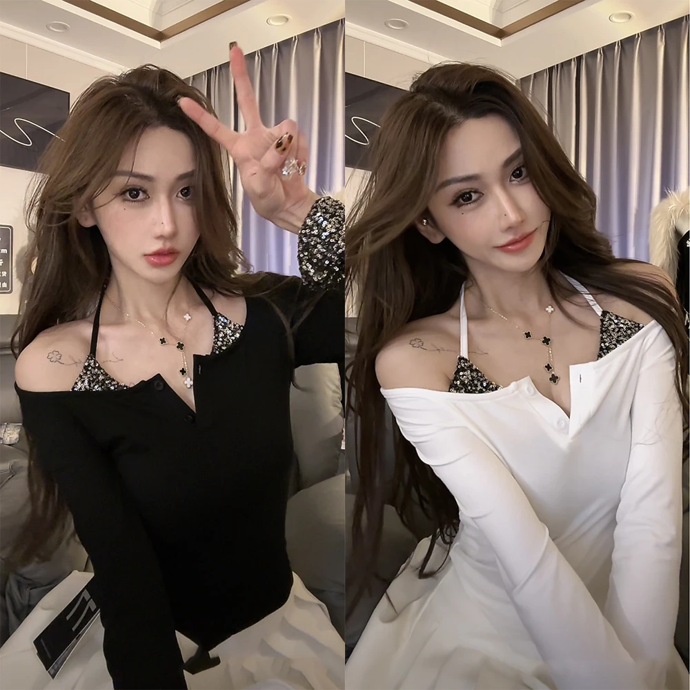 【77定制】♥亮片♥辣妹长袖上衣T恤气质显瘦复古时尚小众纯欲拼接