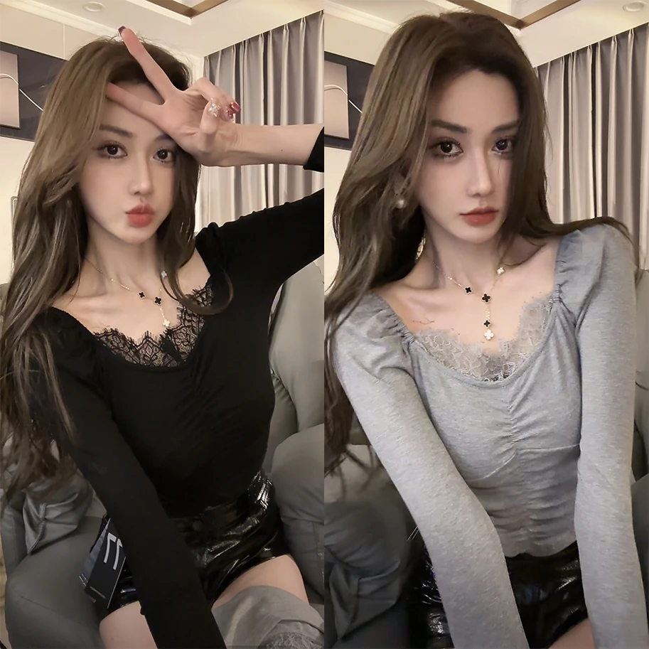 迈沃格辣妹长袖修身紧身不规则方领设计感纯欲小众短款显瘦上衣