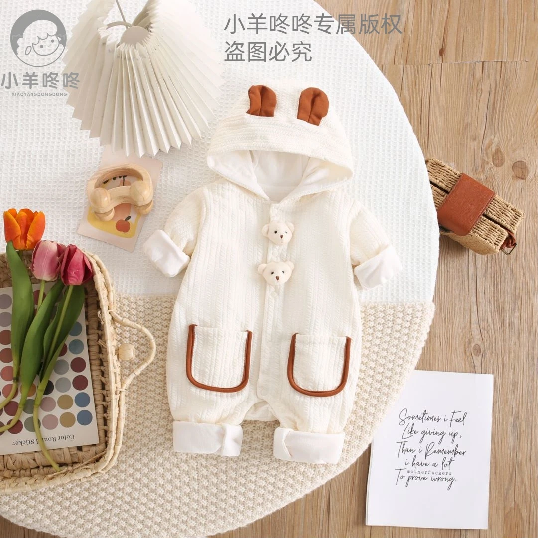 秋冬季新款男女宝宝双层加棉两只立体小熊连帽耳朵哈衣外出服爬服