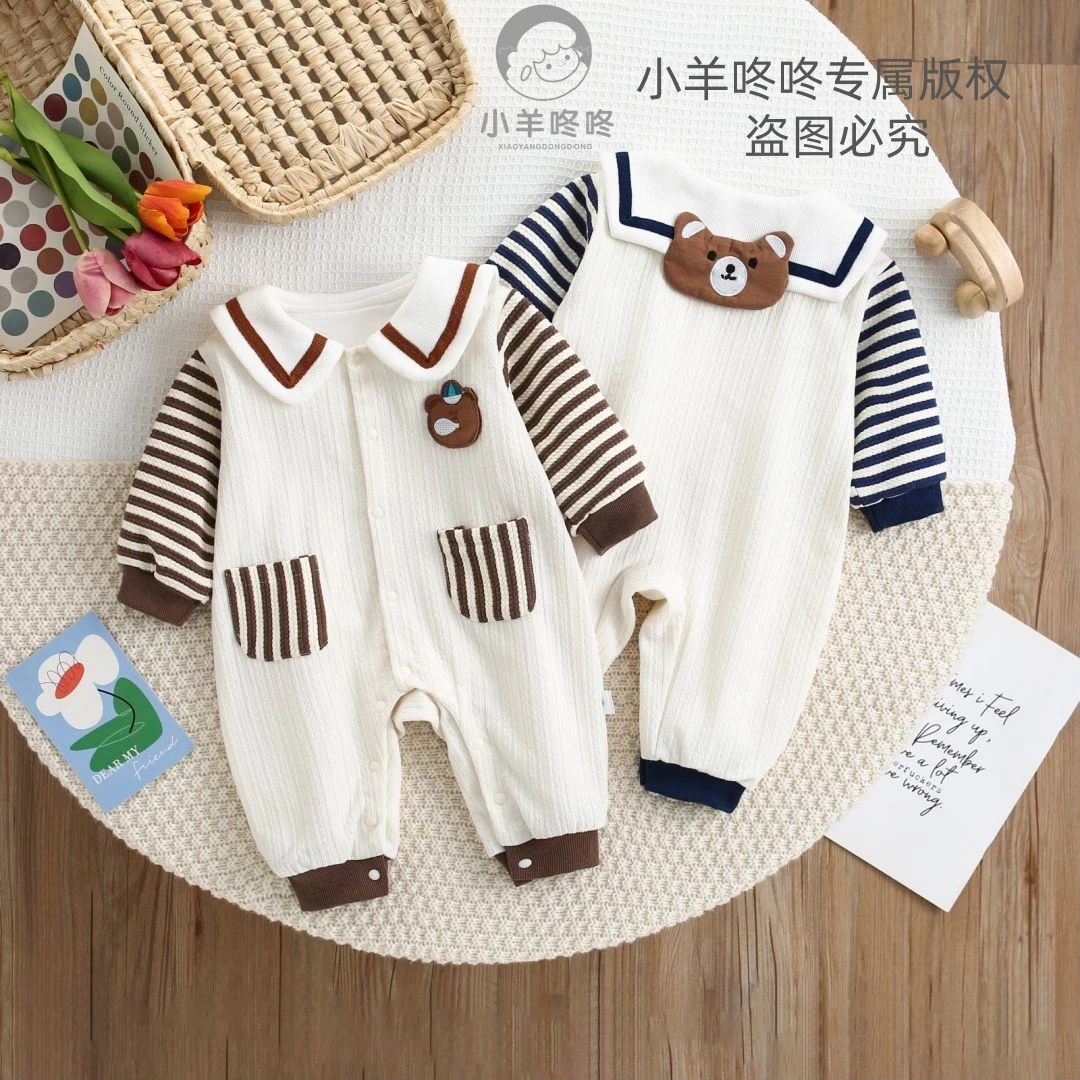 新生儿春秋季新款男女宝宝婴幼儿双层吹泡泡熊学院风连体衣哈服