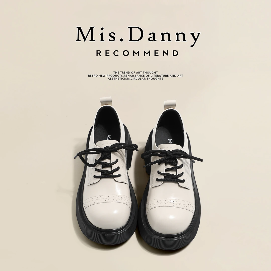 MisDanny小皮鞋女2024年四季新款软底复古英伦厚底增高系带乐福鞋