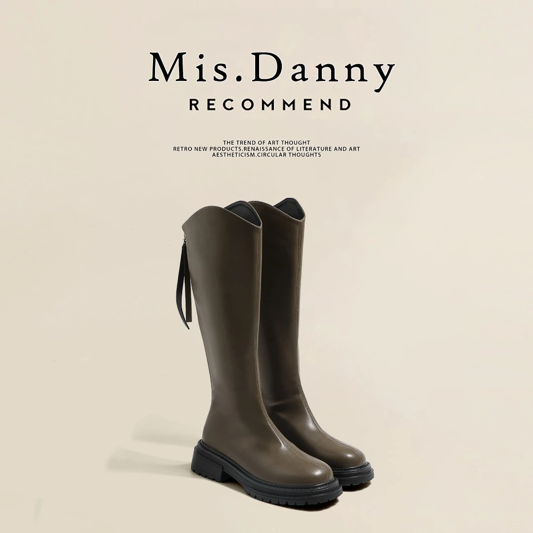 Mis.Danny长筒靴女2023新款厚底网红瘦瘦单靴后拉链高筒骑士长靴