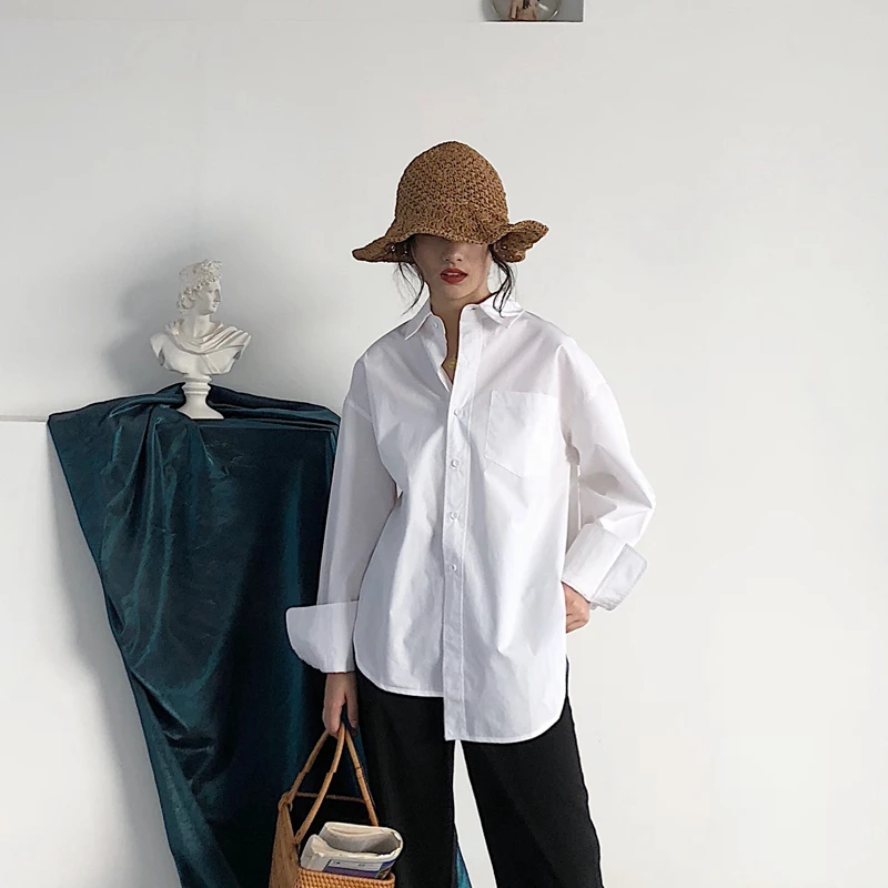 【201-250编号】经典百搭白衬衫前襟不规则设计感纯色衬衫宽松上衣