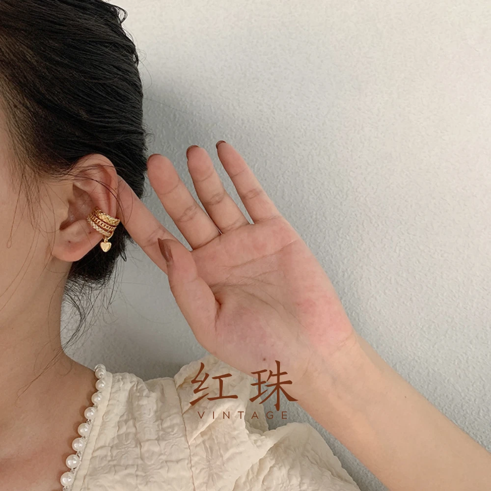 铜合金耳饰 [红珠][0005]单只金银色爱心耳夹