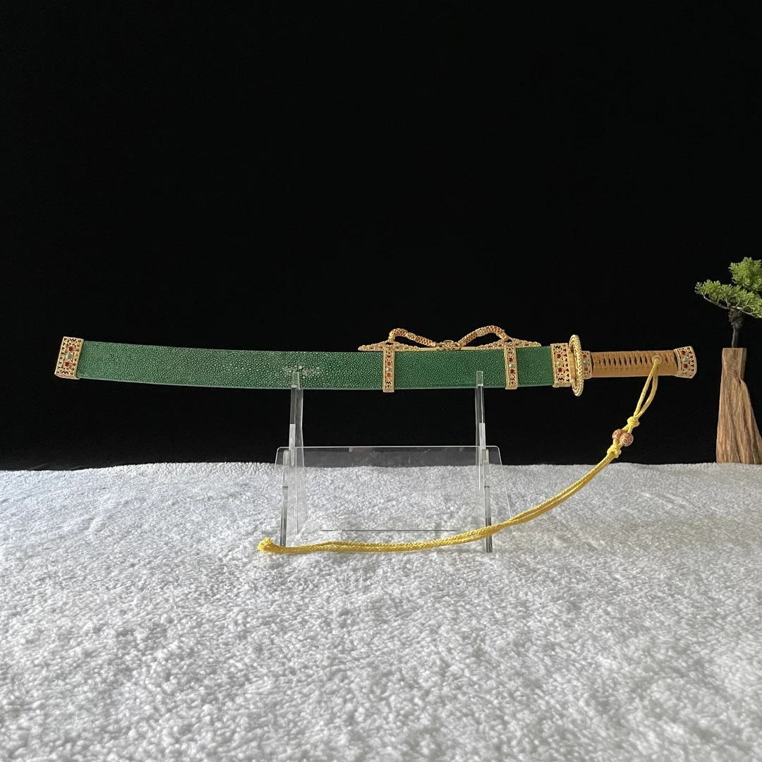 【乾隆宝刀】黄铜镀金装乌玆钢烧刃雁翎刀 方鞘腰刀清刀未开刃