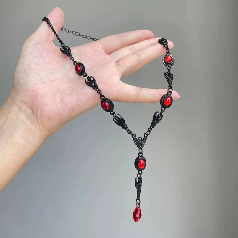 合金手链 暗黑朋克风黑红撞色手链辣妹y2k小众哥特水滴吊坠锁骨链